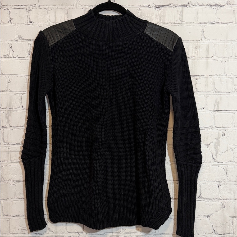 Lara Knit Black Sweater with Faux Leather Shoulder Accents